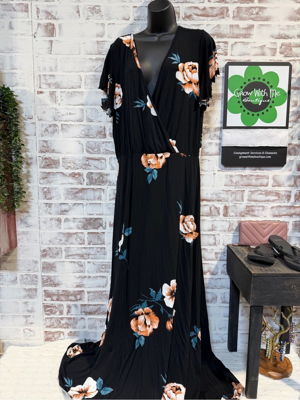 Loveappella Black Floral Wrap Maxi Dress with Peach Blooms